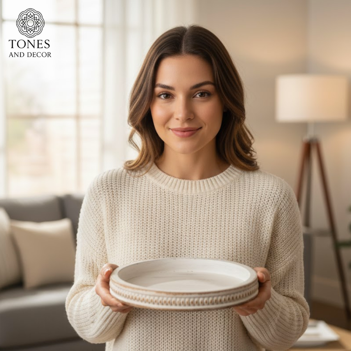 Vintage White Round Wooden Decorative Plate