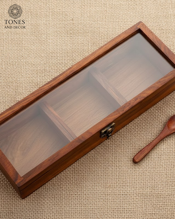 Handcrafted Wooden Spice Box with Glass Lid & Spoon