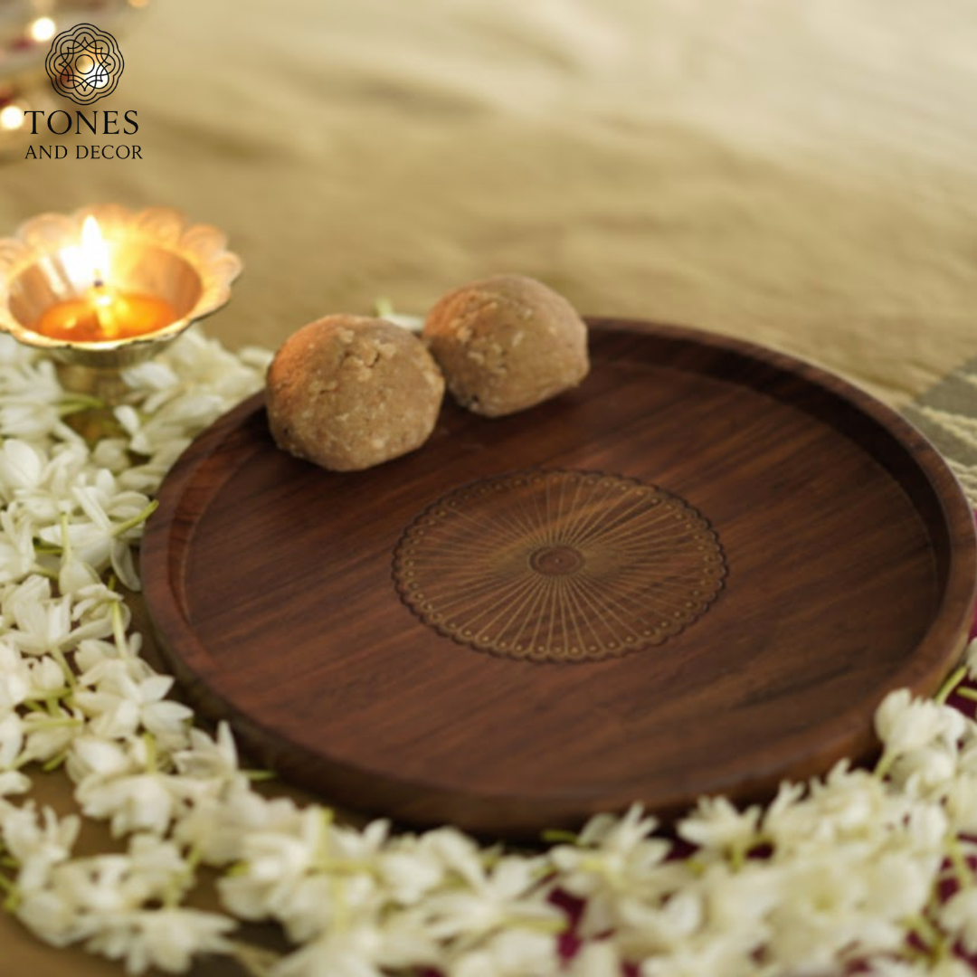 Tones & Decor Premium Round Mango Wood Engraved Pooja & Decor Tray – 20.32 cm