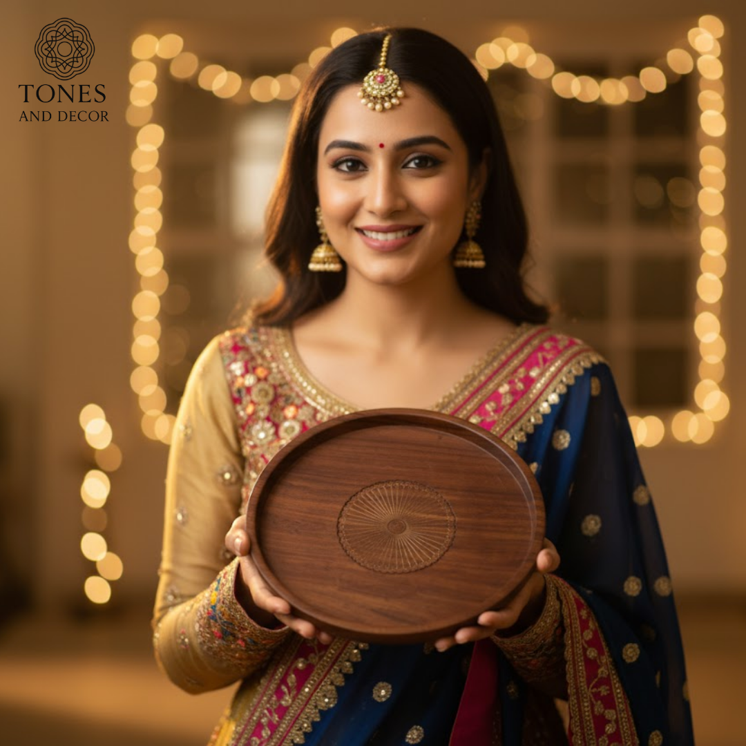 Tones & Decor Premium Round Mango Wood Engraved Pooja & Decor Tray – 20.32 cm