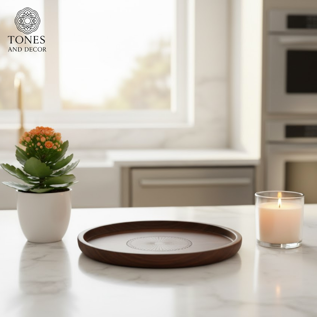 Tones & Decor Premium Round Mango Wood Engraved Pooja & Decor Tray – 20.32 cm