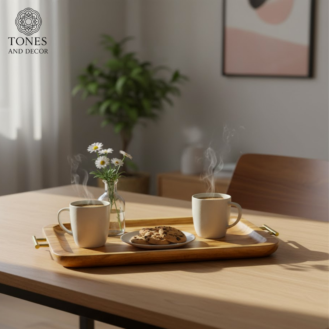 Luxury Mango Wood Serving Tray with Gold Metal Handles