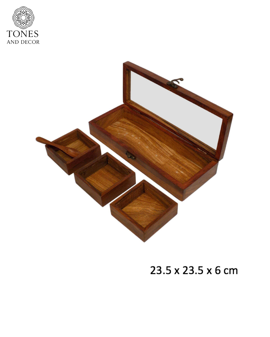 Handcrafted Wooden Spice Box with Glass Lid & Spoon