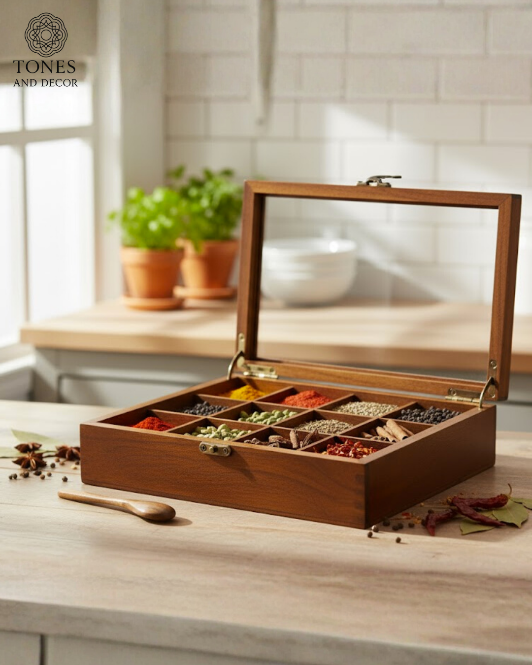 Premium Mango Wood Spice Box with Glass Lid & Metal Clasp.