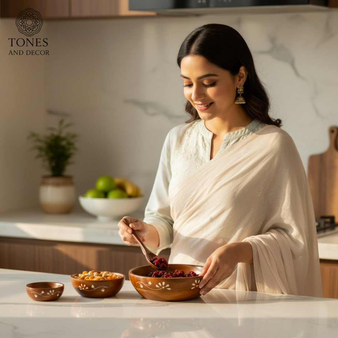 Handcrafted Sheesham Wood Serving Bowl Set – Floral Inlay Design (Set of 3)