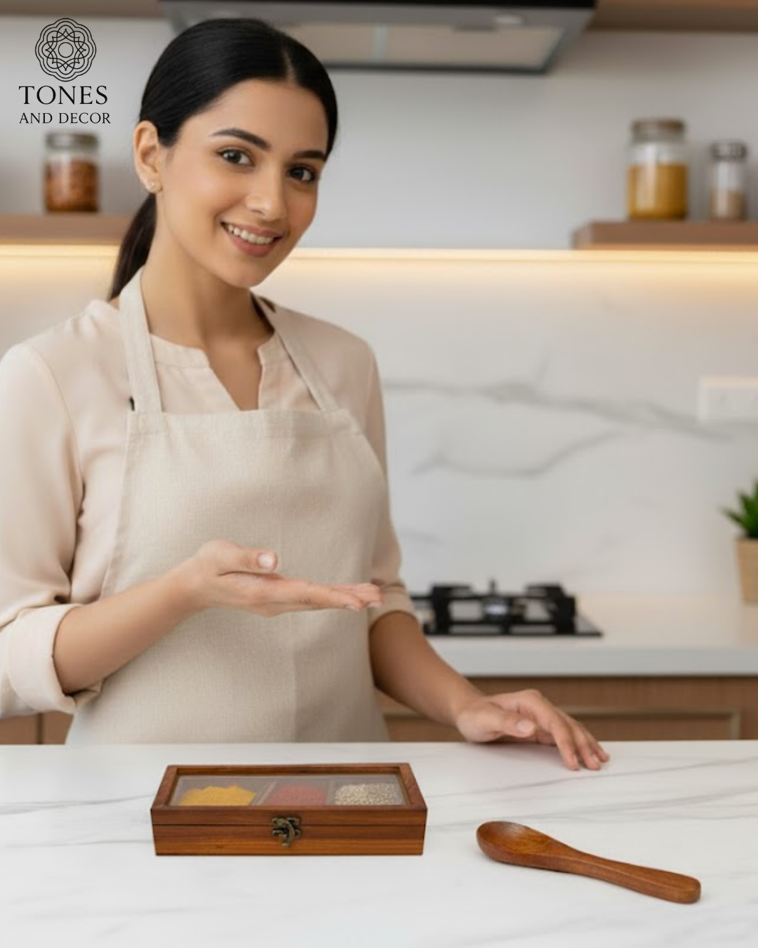 Handcrafted Wooden Spice Box with Glass Lid & Spoon