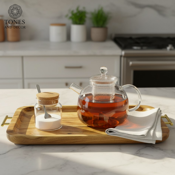 Luxury Mango Wood Serving Tray with Gold Metal Handles