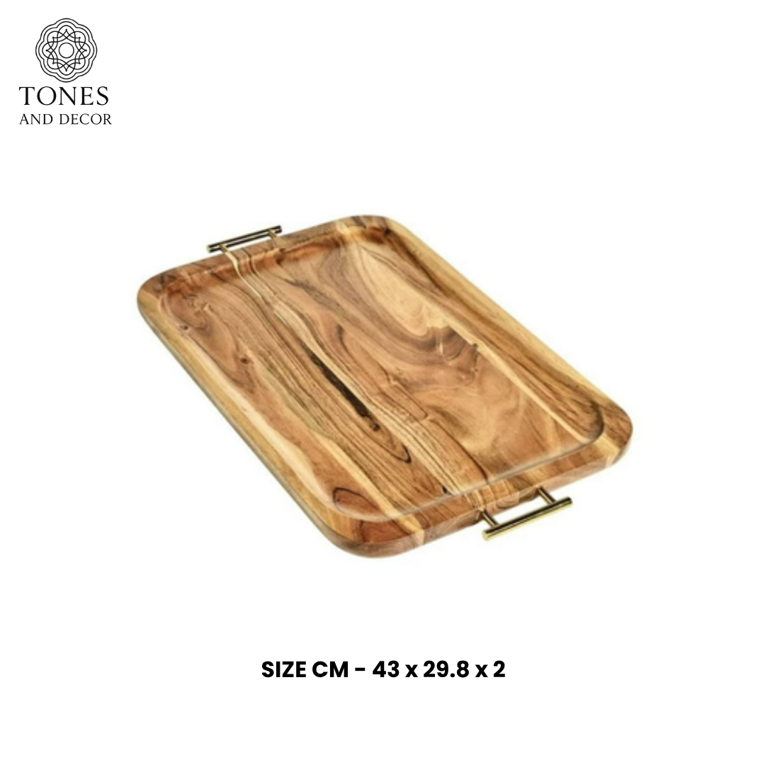 Luxury Mango Wood Serving Tray with Gold Metal Handles