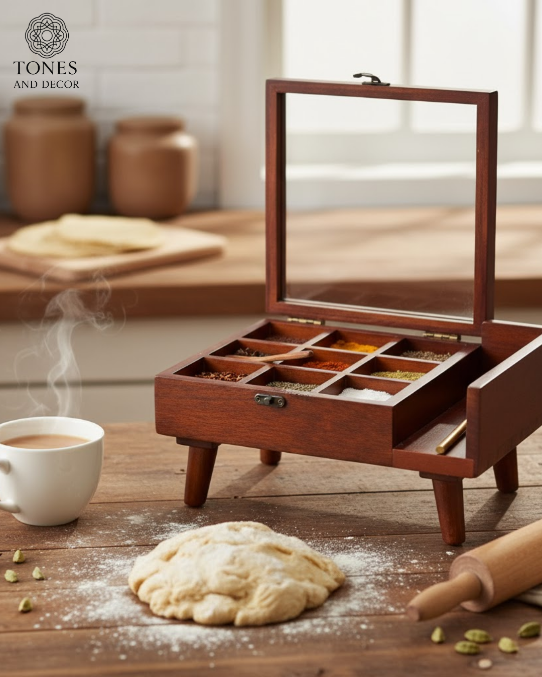 Wooden Spice Box with Legs & Glass Lid