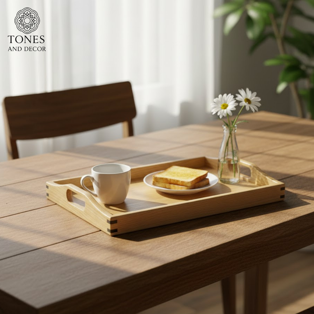 Large Handcrafted Mango Wood Serving Tray with Handle Cutouts