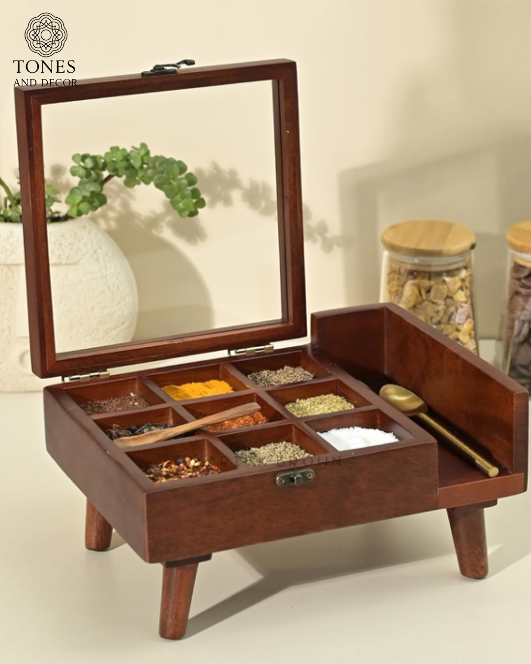 Wooden Spice Box with Legs & Glass Lid