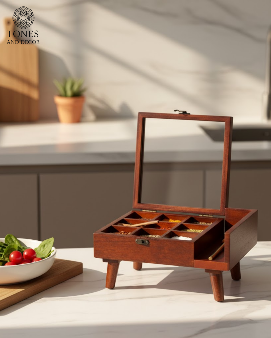 Wooden Spice Box with Legs & Glass Lid