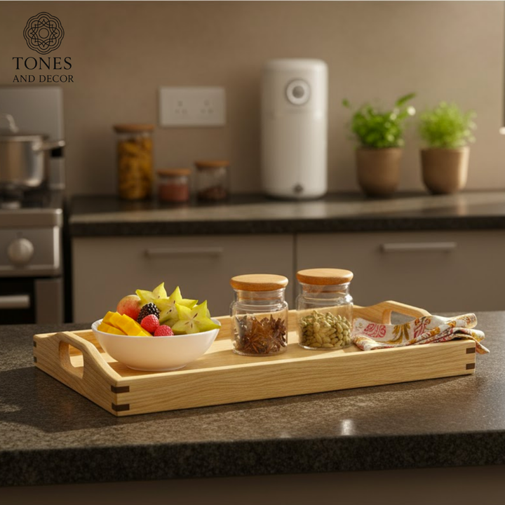 Large Handcrafted Mango Wood Serving Tray with Handle Cutouts