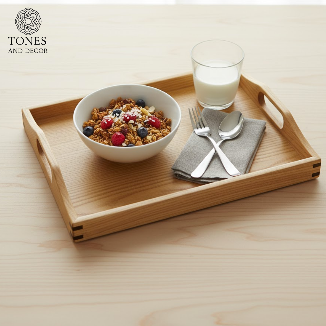 Large Handcrafted Mango Wood Serving Tray with Handle Cutouts