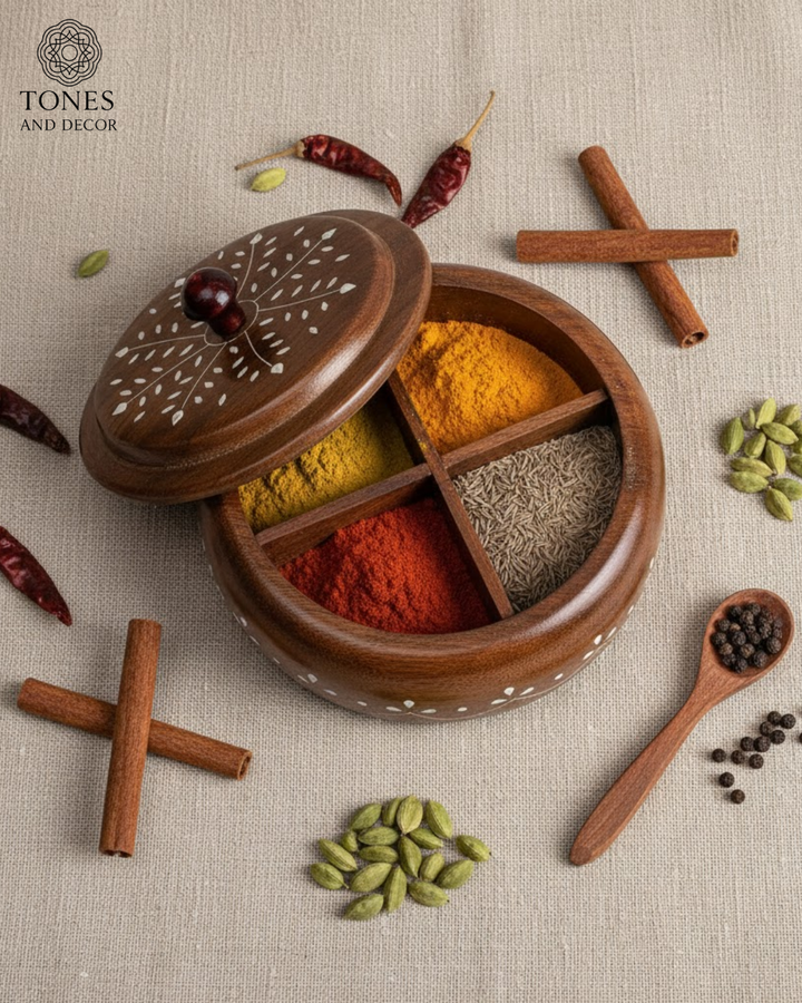Wooden Spice Box with Inlay Work & Spoon