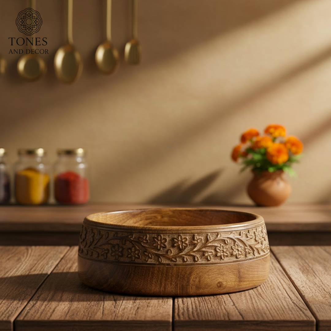 6-Inch Handcrafted Sheesham Wood Carved Bowl – Floral Design | Decorative & Serving Bowl