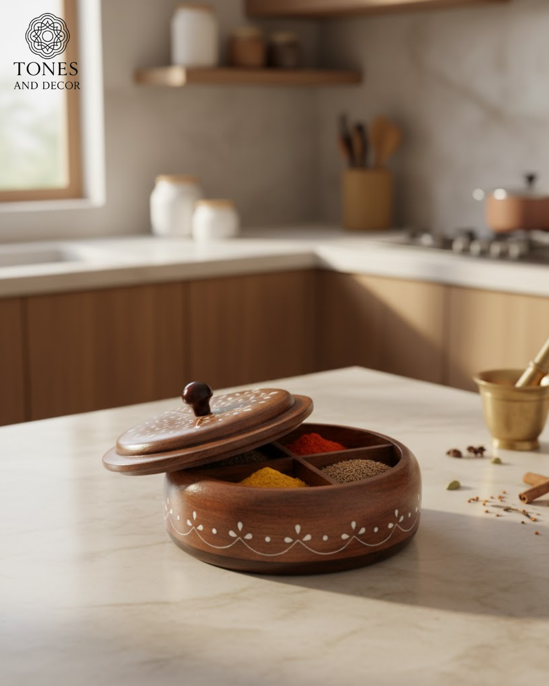 Wooden Spice Box with Inlay Work & Spoon