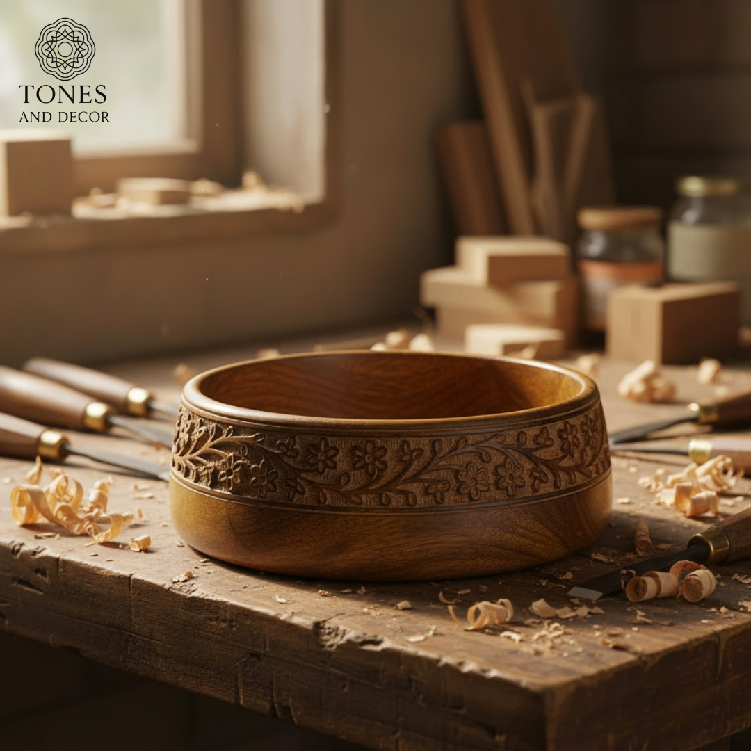 6-Inch Handcrafted Sheesham Wood Carved Bowl – Floral Design | Decorative & Serving Bowl