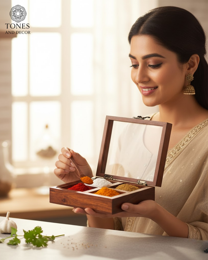 Wooden Spice Box with Transparent Glass Lid & Spoon