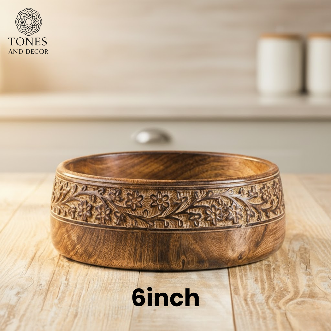 6-Inch Handcrafted Sheesham Wood Carved Bowl – Floral Design | Decorative & Serving Bowl