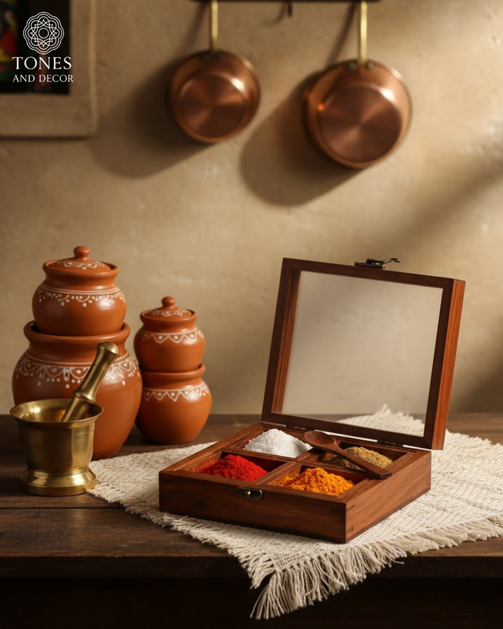 Wooden Spice Box with Transparent Glass Lid & Spoon