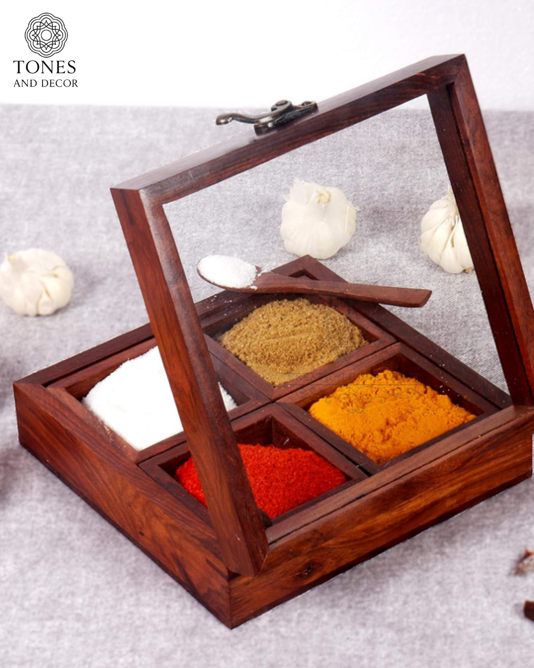 Wooden Spice Box with Transparent Glass Lid & Spoon