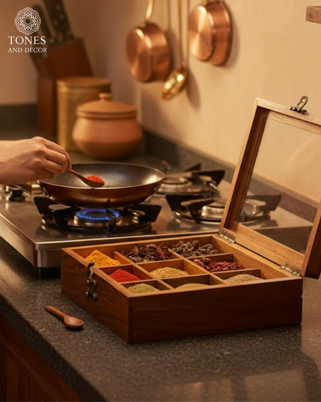 Premium Mango Wood Spice Box with Glass Lid & Metal Clasp.