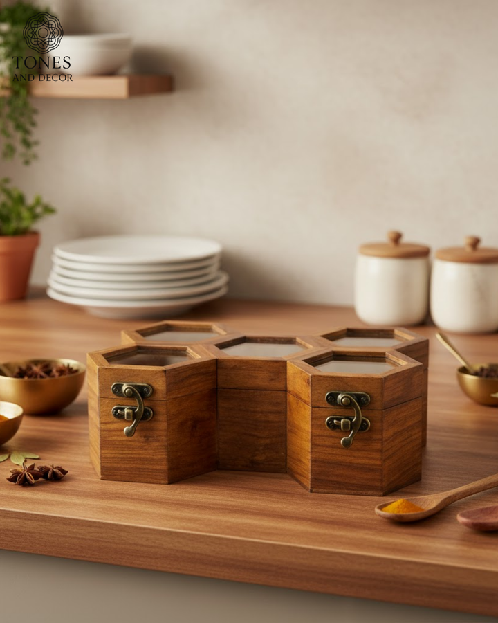 Honeycomb Wooden Spice Box with 6 Compartments & Spoon