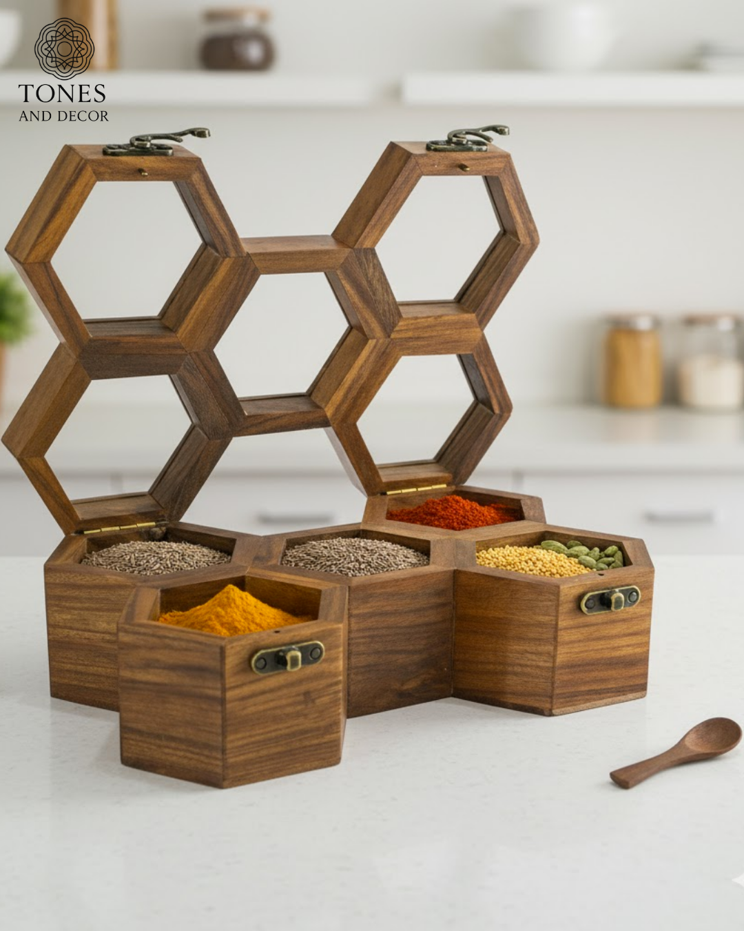Honeycomb Wooden Spice Box with 6 Compartments & Spoon