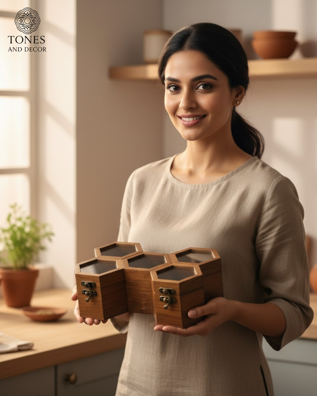 Honeycomb Wooden Spice Box with 6 Compartments & Spoon