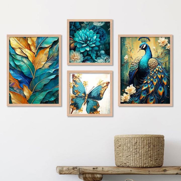 Teal & Gold Nature Wall Art Set of 4 – Premium Framed Paintings