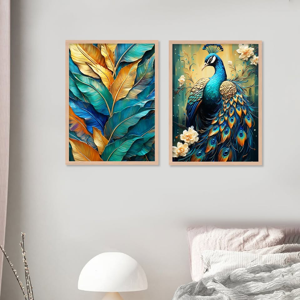 Teal & Gold Nature Wall Art Set of 4 – Premium Framed Paintings