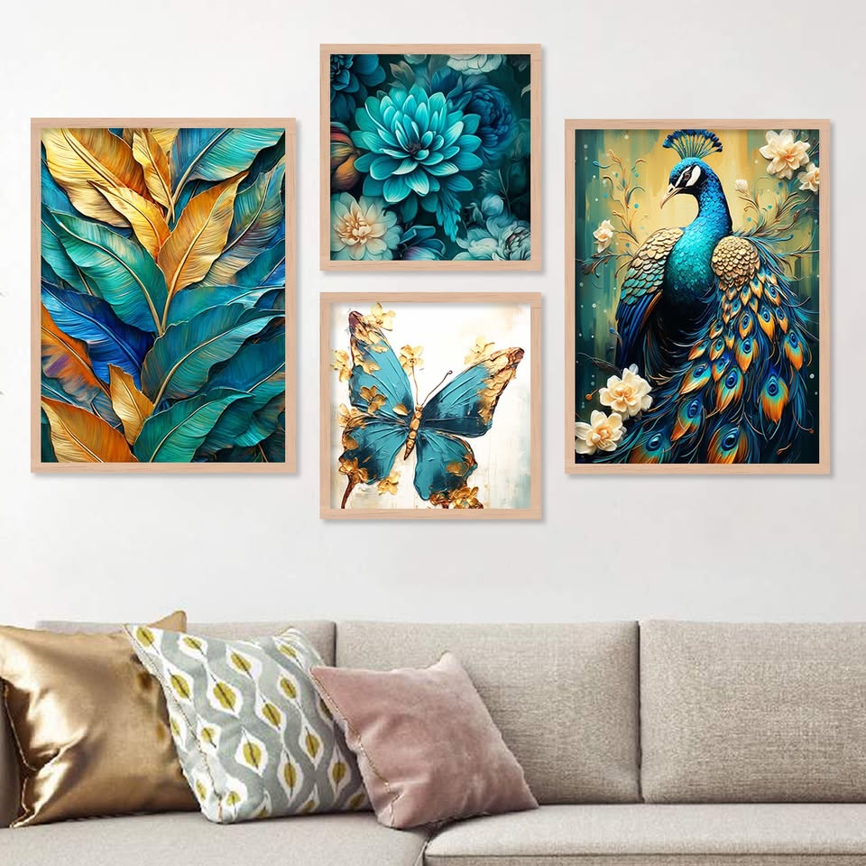 Teal & Gold Nature Wall Art Set of 4 – Premium Framed Paintings