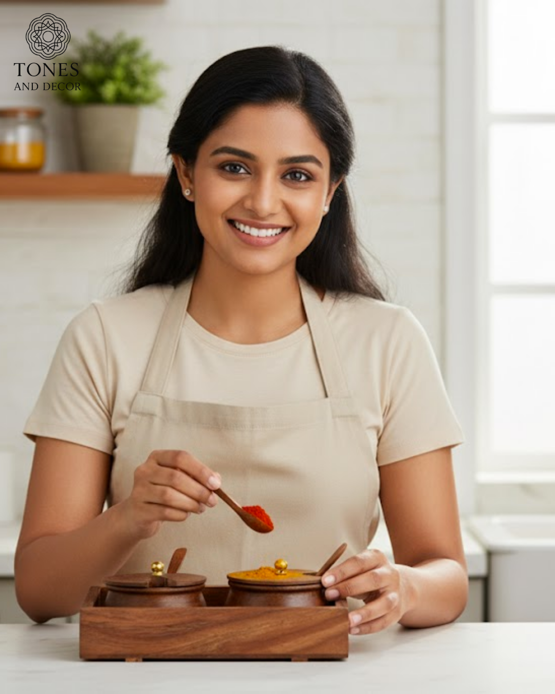 Twin Wooden Spice Box with Tray & Spoons – Sheesham Wood Masala Container