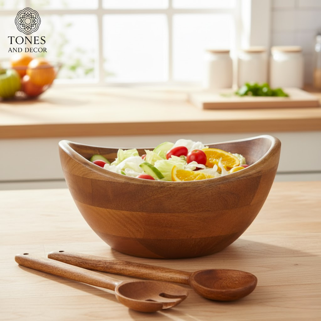 Handcrafted Mango Wood Salad Bowl with Servers – 10 Inch | Eco-Friendly & Food-Safe Finish