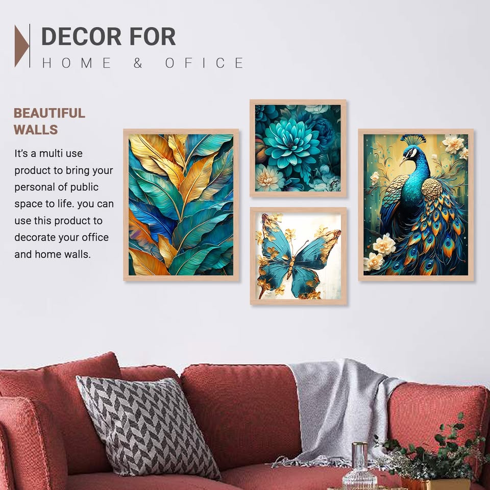 Teal & Gold Nature Wall Art Set of 4 – Premium Framed Paintings