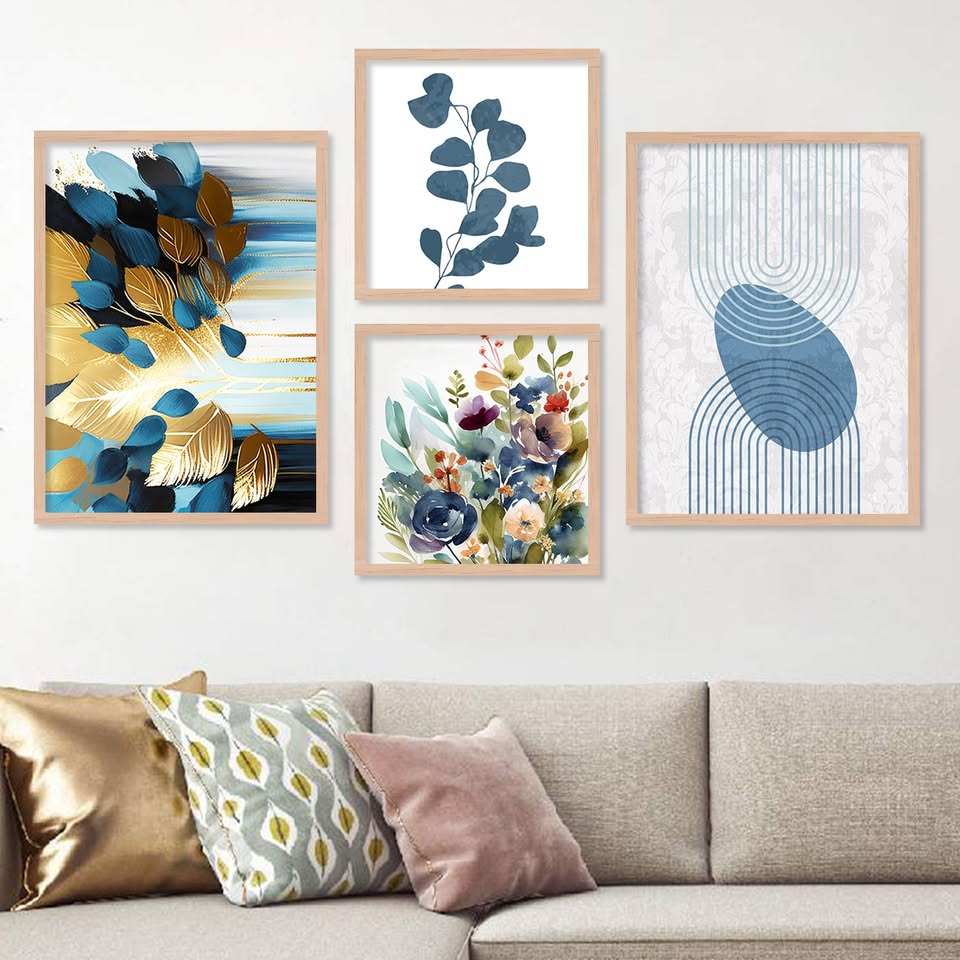 Serene Blue & Gold Floral Wall Frame Set