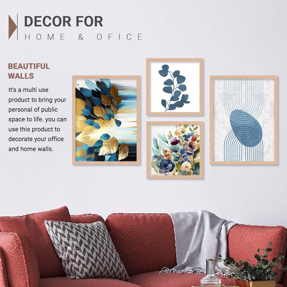 Serene Blue & Gold Floral Wall Frame Set