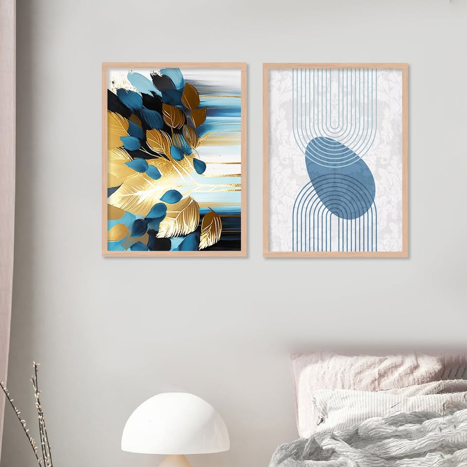 Serene Blue & Gold Floral Wall Frame Set