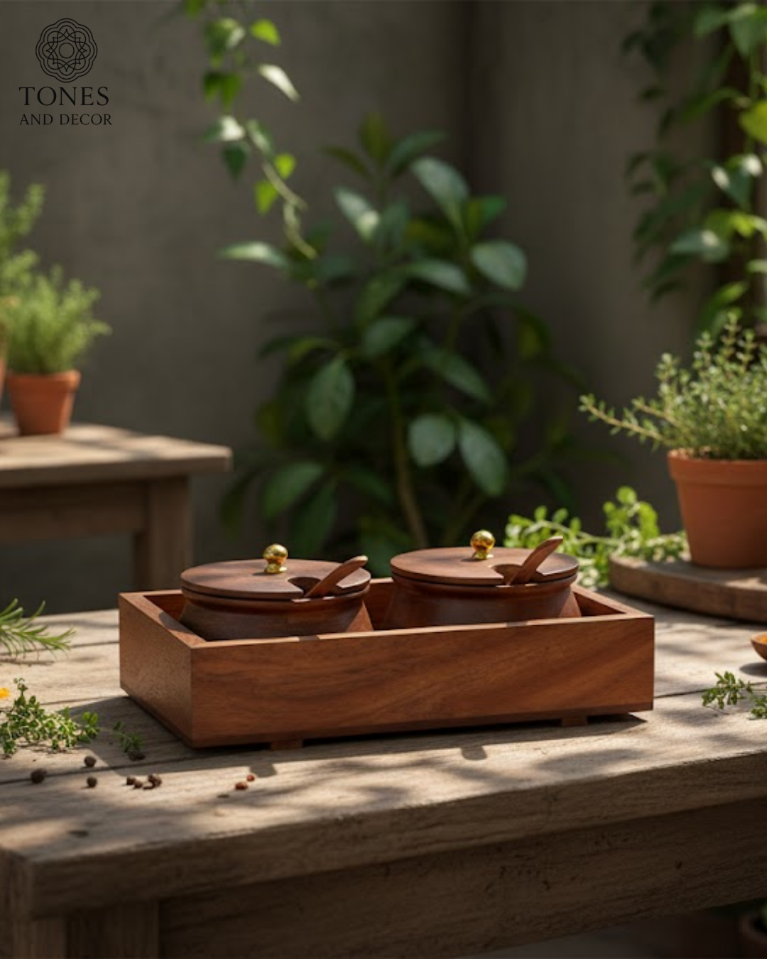 Twin Wooden Spice Box with Tray & Spoons – Sheesham Wood Masala Container