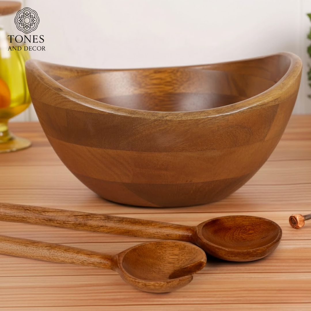 Handcrafted Mango Wood Salad Bowl with Servers – 10 Inch | Eco-Friendly & Food-Safe Finish