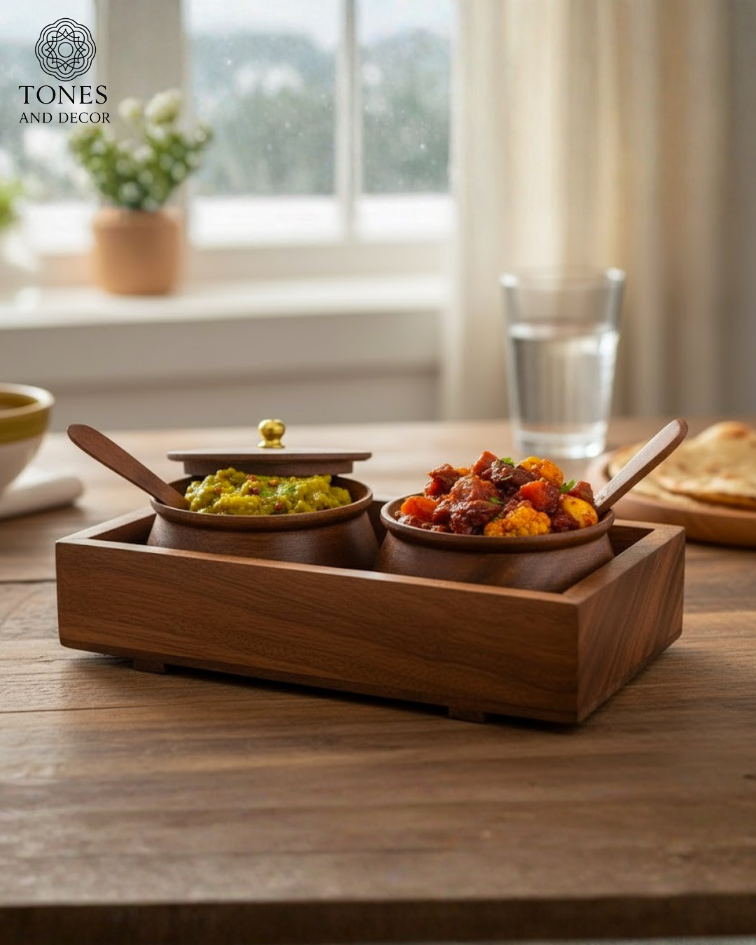 Twin Wooden Spice Box with Tray & Spoons – Sheesham Wood Masala Container