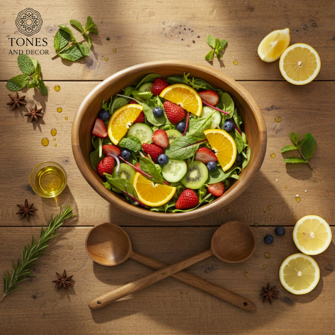 Handcrafted Mango Wood Salad Bowl with Servers – 10 Inch | Eco-Friendly & Food-Safe Finish