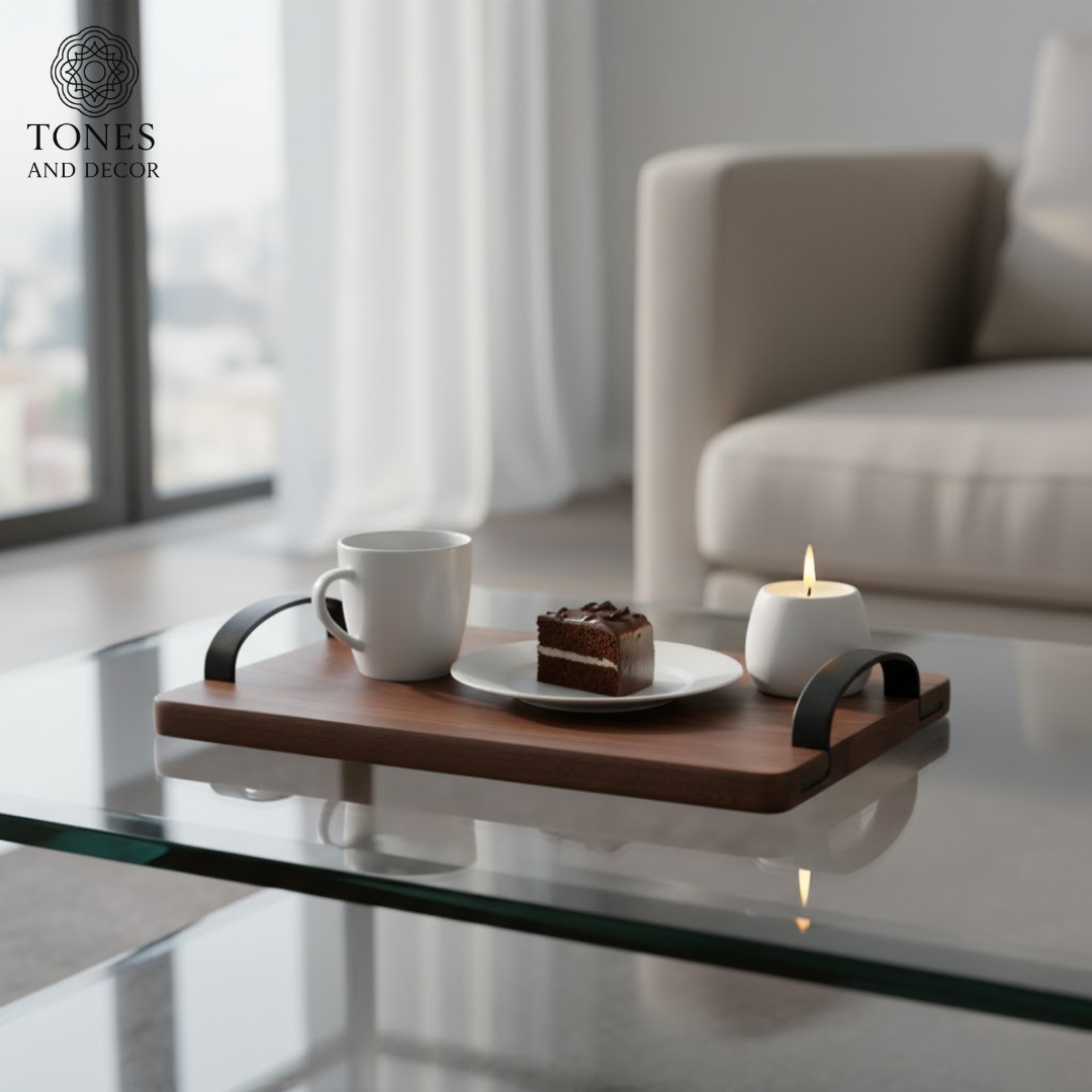 Premium Mango Wood Serving Tray with Black Metal Handles