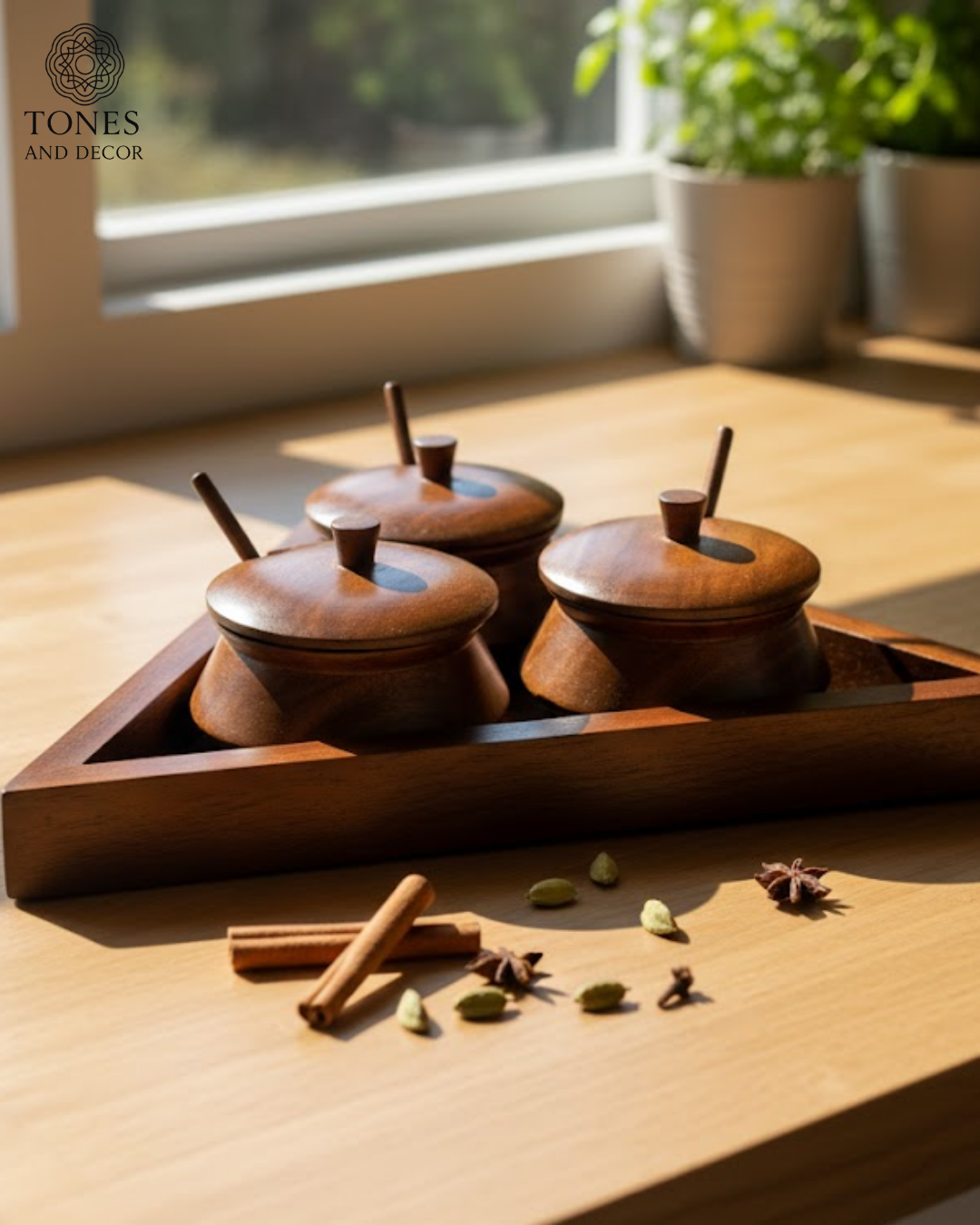 Sheesham Wood Triangle Spice Box with 3 Containers & Spoons