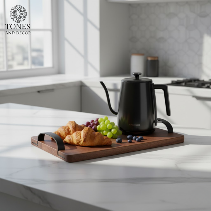 Premium Mango Wood Serving Tray with Black Metal Handles