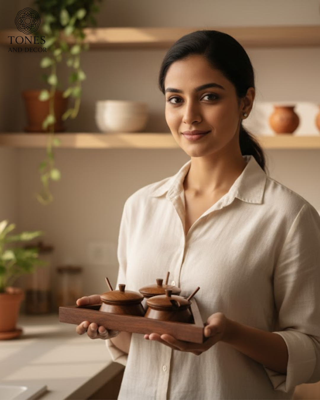 Sheesham Wood Triangle Spice Box with 3 Containers & Spoons