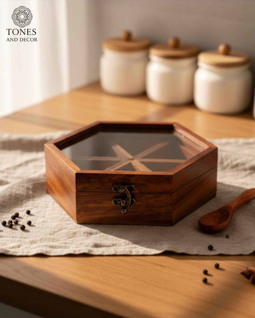 Hexagon Wooden Spice Box with 6 Detachable Containers & Spoon