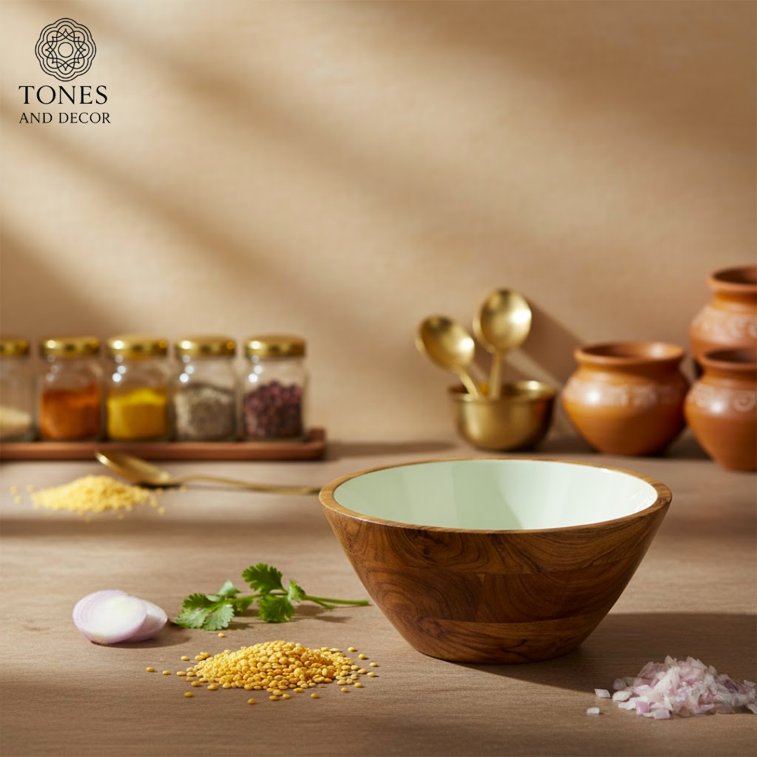 6-Inch Mango Wood Bowl with Floral Ceramic Print – Handcrafted & Food-Safe | Decorative Serving Bow