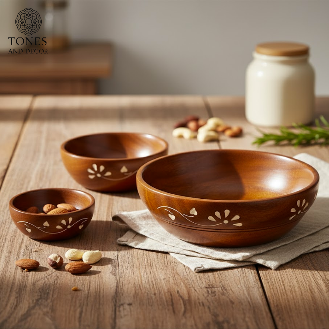 Handcrafted Sheesham Wood Serving Bowl Set – Floral Inlay Design (Set of 3)